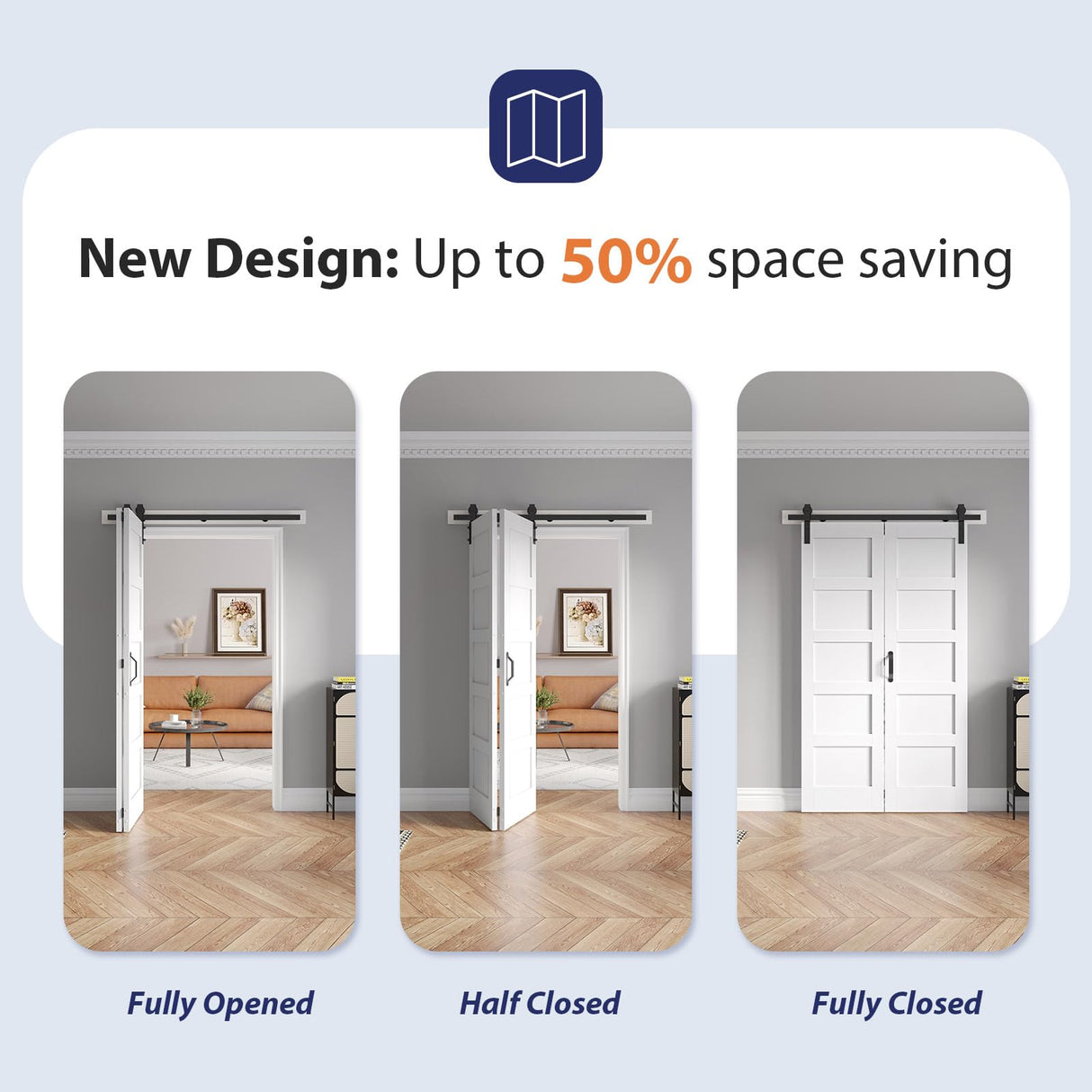 FREDBECK 48X84(Double 24x84) White Bi-fold Barn Door Sliding Folding Door Double Barn Door with 52" Hardware Kit & Handle,Solid MDF Door with Water-Proof PVC Surface for Closet,Assembly Required FREDBECK