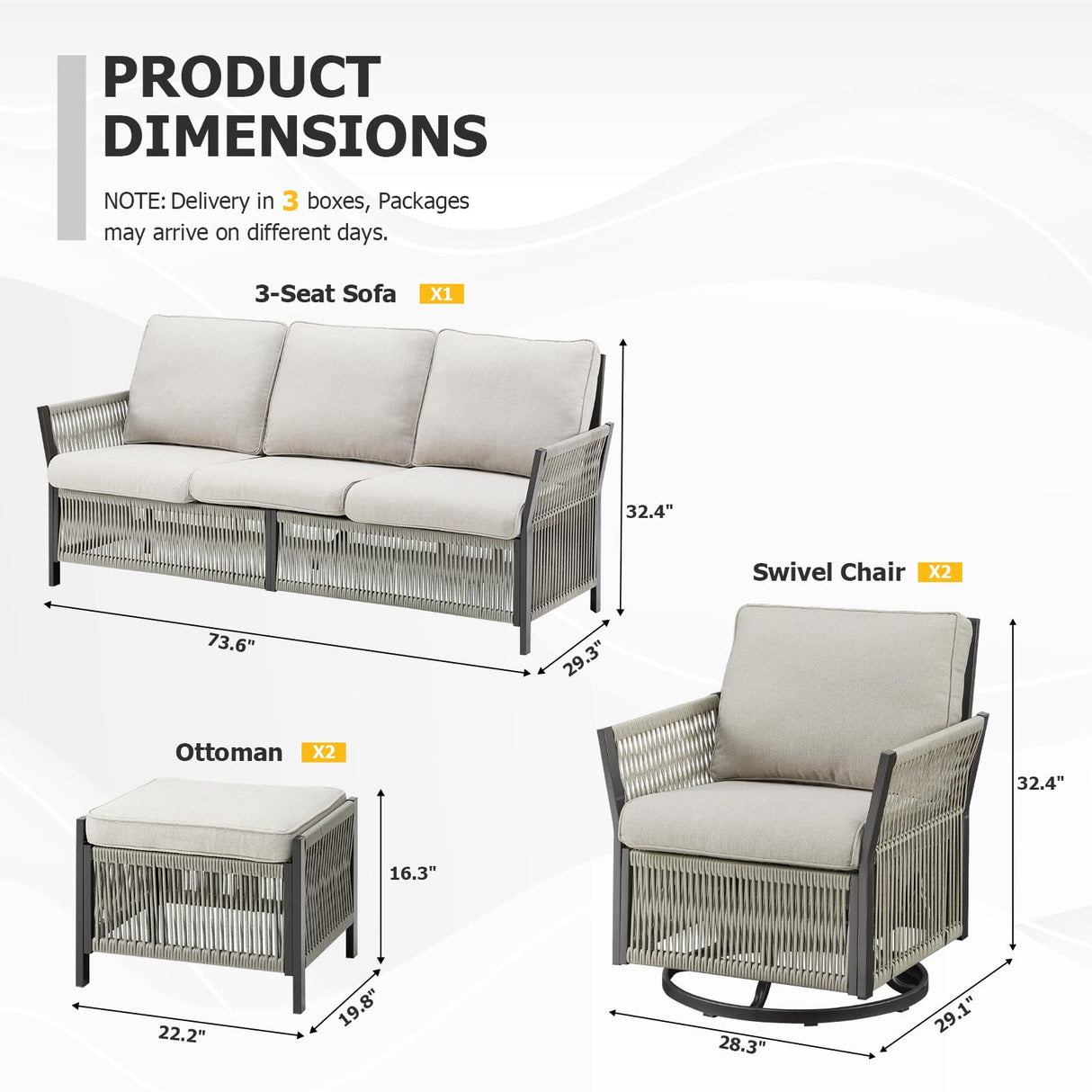 5 Pieces Patio Furniture Sets, Outdoor Modular Sectional with Sofa, 2 Swivel Glider Chairs & 2 Ottomans, All-Weather Rattan Conversation Seating Group for Backyard, Deck, Porch, Beige PPorfamilia