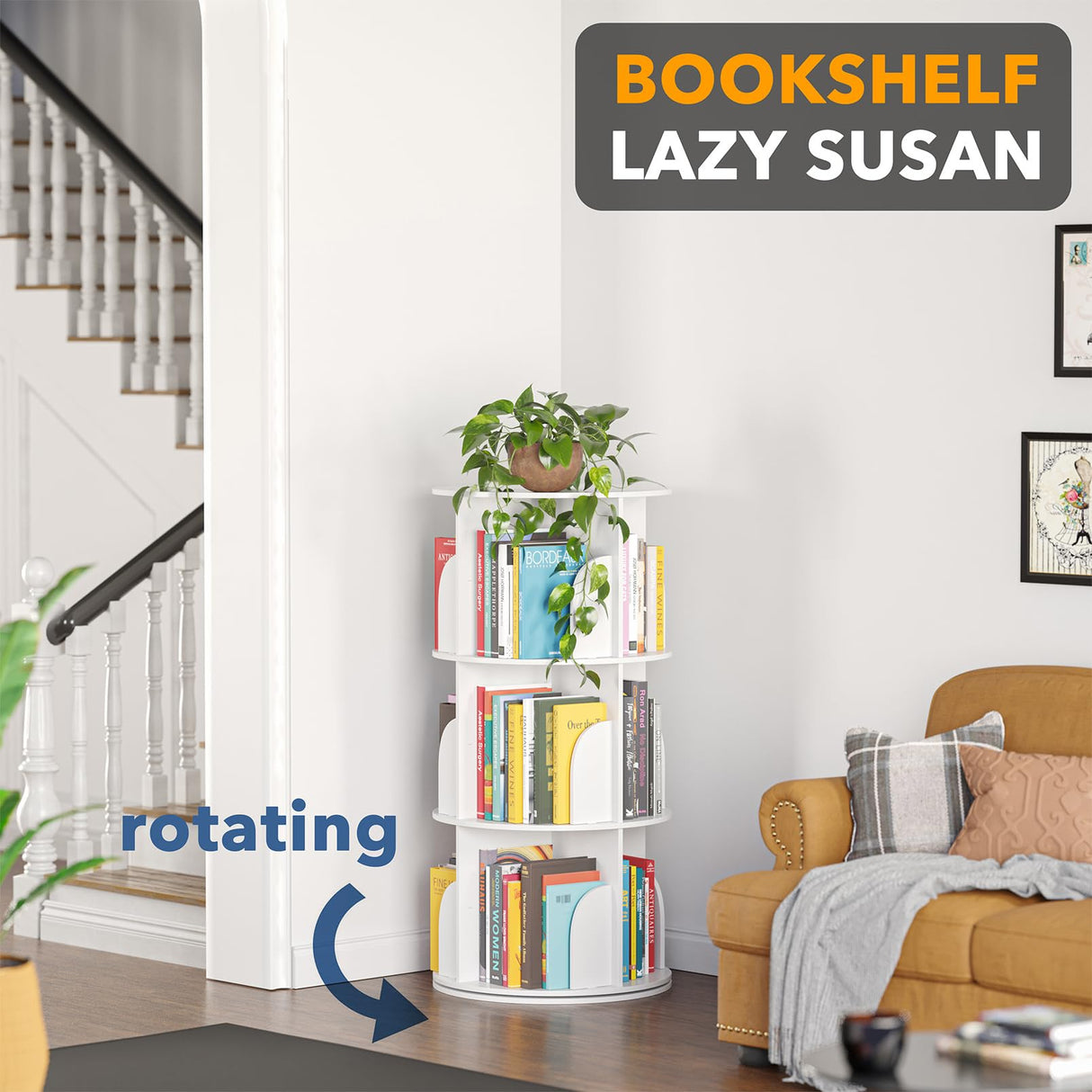 SpaceAid 3 Tier Rotating Bookshelf Tower, Spinning Bookcase Lazy Susan, Revolving 360 Book Shelf Storage Round Carousel, Vertical Rotate Turning Spiral Corner Organizer, White SpaceAid