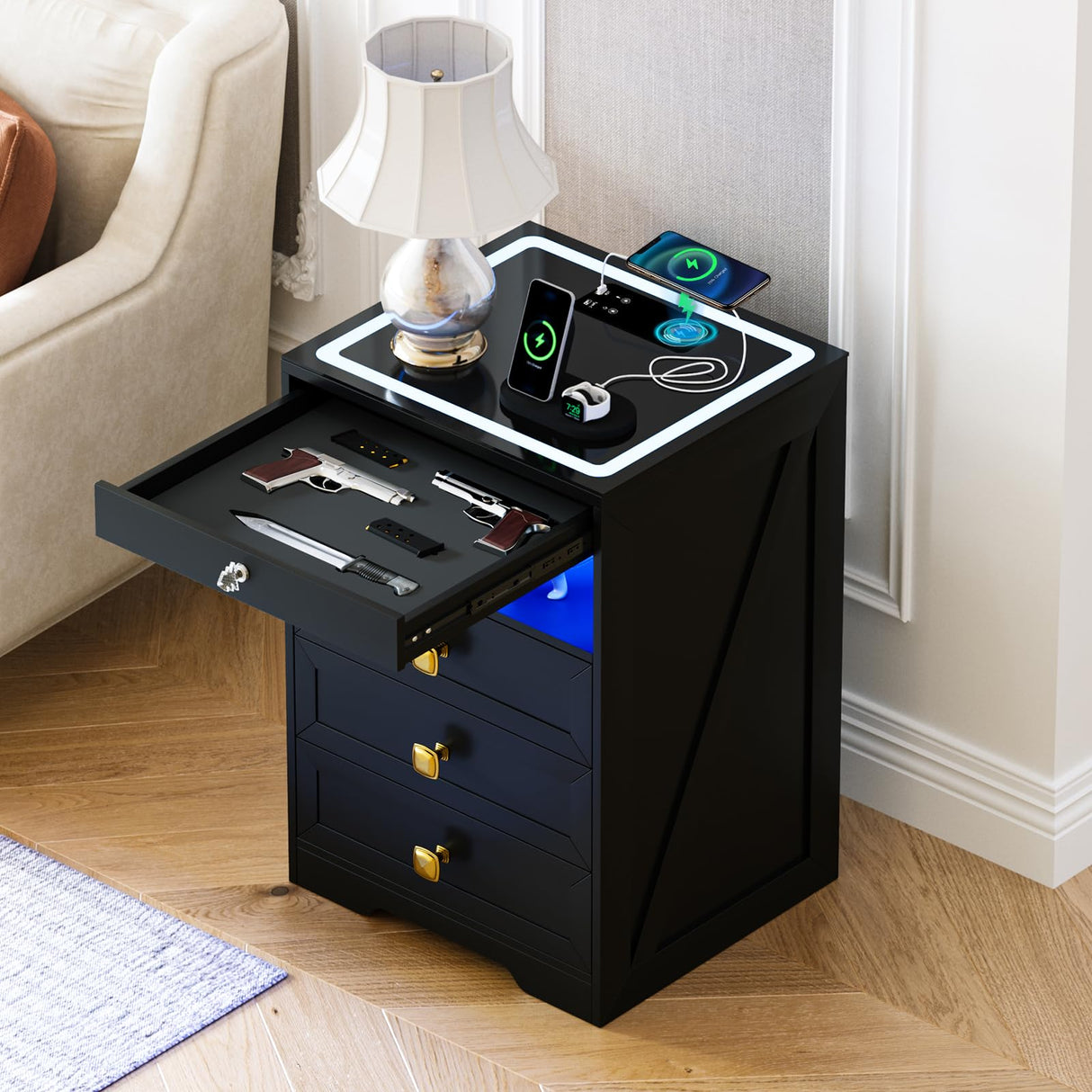 HNEBC 3 Color Dimmable LED End Table with Charging Station,Night Stand with Glass Desktop,Bedside Table with 3 Drawers for Bedroom,Black HNEBC