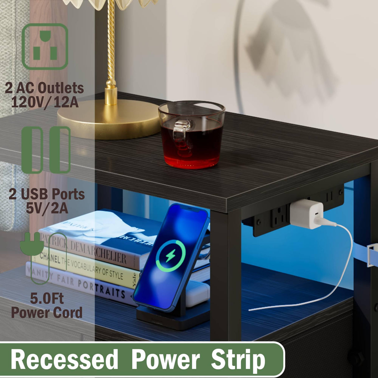 Furnulem Tall Night Stand with Charging Station and Led Light, Small Dresser with Open Shelf and 4 Storage Drawers, Black Side Table Fabric Nightstand for Bedroom, Entryway, Bedside Furniture Furnulem