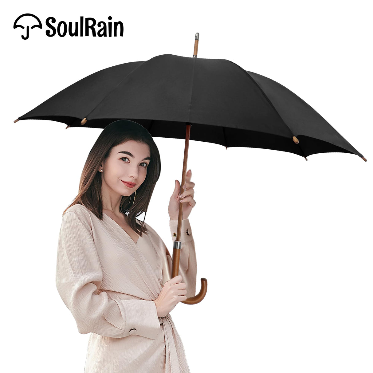 SoulRain 48" Arc Classic Wood Handle Umbrella Auto Open Windproof clear Unbreakable Stick Rain Umbrella (Black) SoulRain