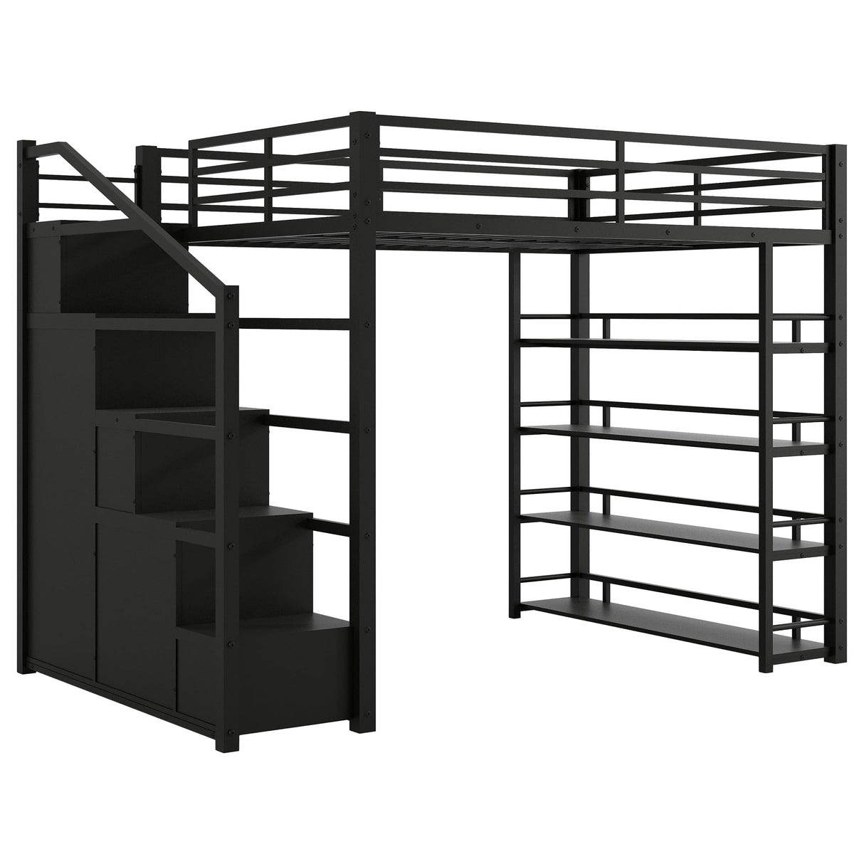 SOFTSEA Full Size Loft Bed with Storage Stairs, Full Metal Loft Bed with Wardrobe, Shelves, Cabinets and Wardrobe for Adults, Stairway Loft Bed Heavy Duty with Storage Steps for Kids Teens, Black SOFTSEA