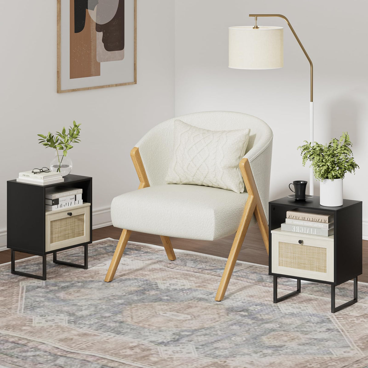 Masupu Boho Night Stand, Small Rattan Side Table, Wood Nightstand with Drawer and White Oak Shelf, Bedside Table, End Table for Bedroom,Living Room,Office (Black Frame) Masupu