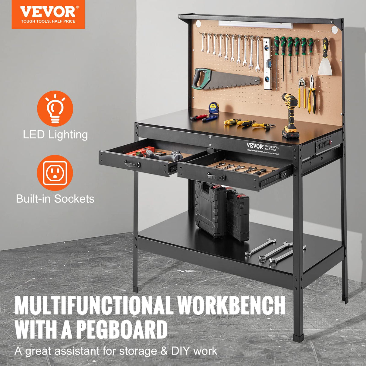 VEVOR Workbench, A3 Steel Workbenches for Garage max 1500W, Heavy Duty Work Bench with 220lbs Load Capacity, Hardwood Workbench with 1.5m Cable 4xAC outlets 2xUSB Ports VEVOR