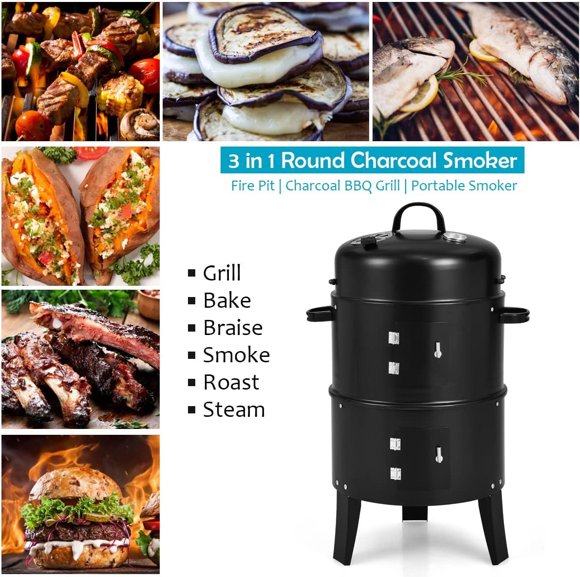 Giantex 3-in-1 Charcoal BBQ Smoker, Outdoor Grill Cooker with Built-in Thermometer and 6 Hooks for Outdoor Backyard Cooking Grilling Camping Giantex