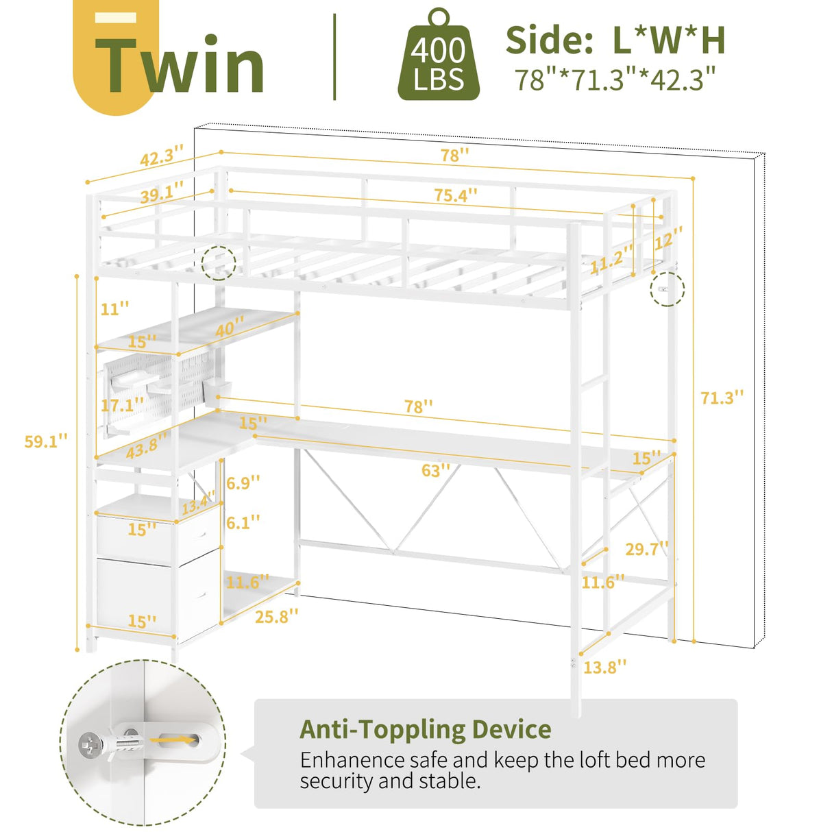 Yoobure White Twin Loft Bed with L-Shape Desk, Charging Station & LED Lights Yoobure