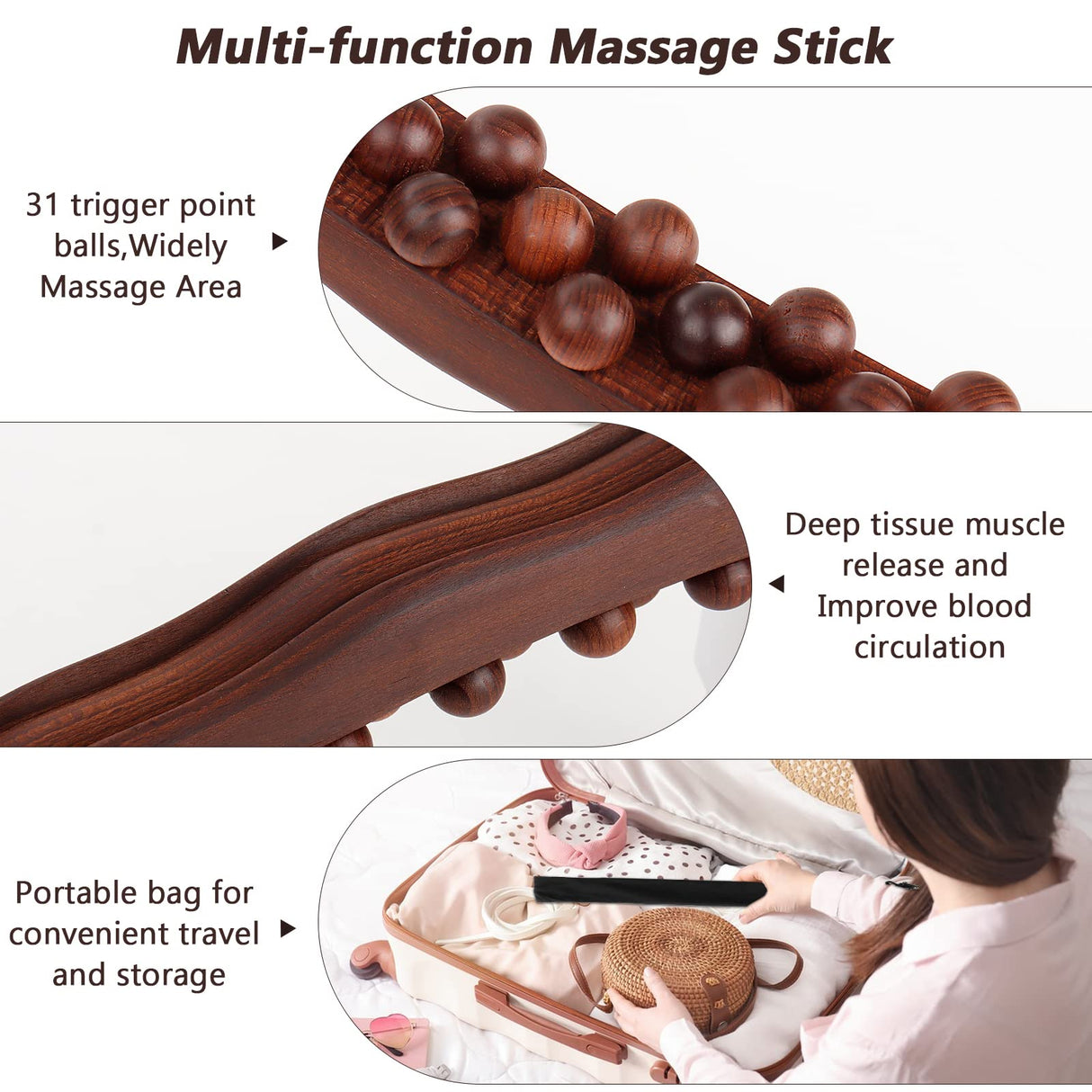 Guasha Wood Stick Tools Wood Therapy Massage Tools for Body Shaping,31 Beads Back Massage Roller Stick,Lymphatic Drainage Massager for Body Shaping (31beads) WYJTPONE