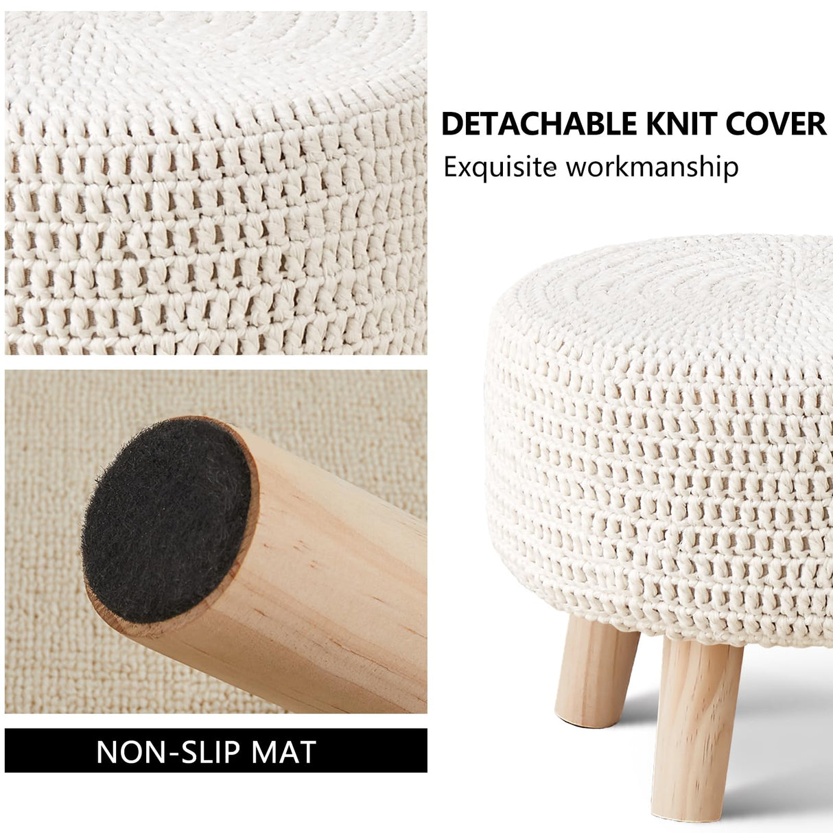 Wimarsbon Pouf Ottoman, 100% Cotton Knitted Boho Footstool, Round Footrest with Non-Skid Wood Legs, Home Décor Handmade Pouffe, Leisure Floor Step Stool for Living Room (Beige) Wimarsbon