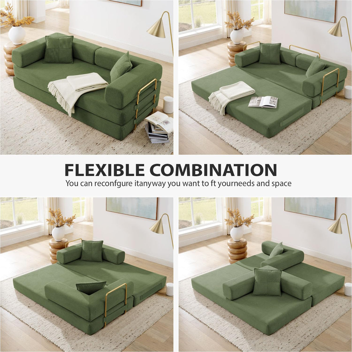 4-in-1 Folding Convertible Sofa Bed, 78 Inch Oversized Corduroy Upholstered Boneless Couch, Loveseat Sleeper with Pull Out Bed, Floor Sofa Modular Futon Couch for Living Room Bedroom Lounge, Green ivoros