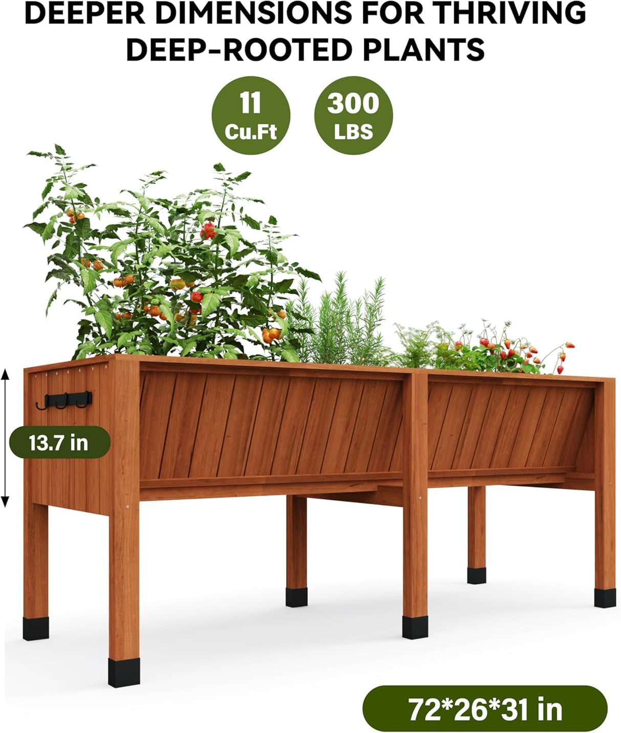 72x26x30 Inch Raised Garden Bed With Leg, Elevated Wood Planter Box Stand for Vegetables, Herbs & Flowers, 6x2x2.5 Ft Outdoor Standing Planter w/Hooks,13.7In Depth Plante for Backyard, Patio, Balcony SLEKVERSA