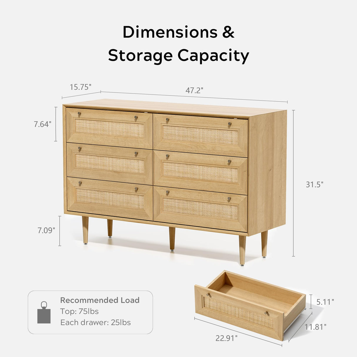 EYYTHUNG Rattan 6 Drawer Dresser, Modern Closet Dressers of Drawers with Natural Rattan, Boho Dresser Chest, TV Stand of Drawers, Wood Storage Drawer Organizer for Bedroom Living Room Entryway Hallway EYYTHUNG