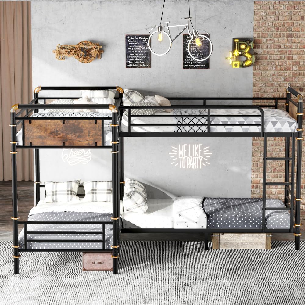 Outill Quad Bunk Bed for 4 Kids, Heavy Duty Metal Twin Bunk Bed Frame, Detachable Triple Bunk Bed, Can Be Divided Into 3 Twin Beds, Black Outill