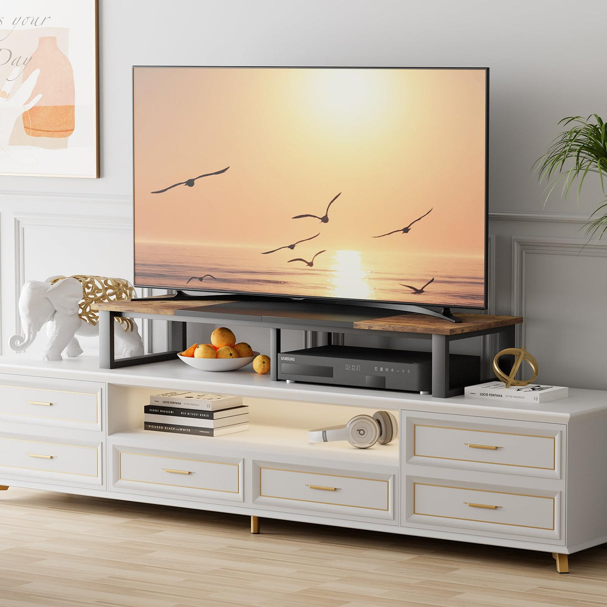 aboxoo 47" Large TV Riser for 32-60 inch TV, TV Riser Stand Shelf with Steel Legs,Tabletop TV Stand Riser for Home Office,Computer Monitor Stand Desktop Storage Stand (Rustic Brown & Black) aboxoo