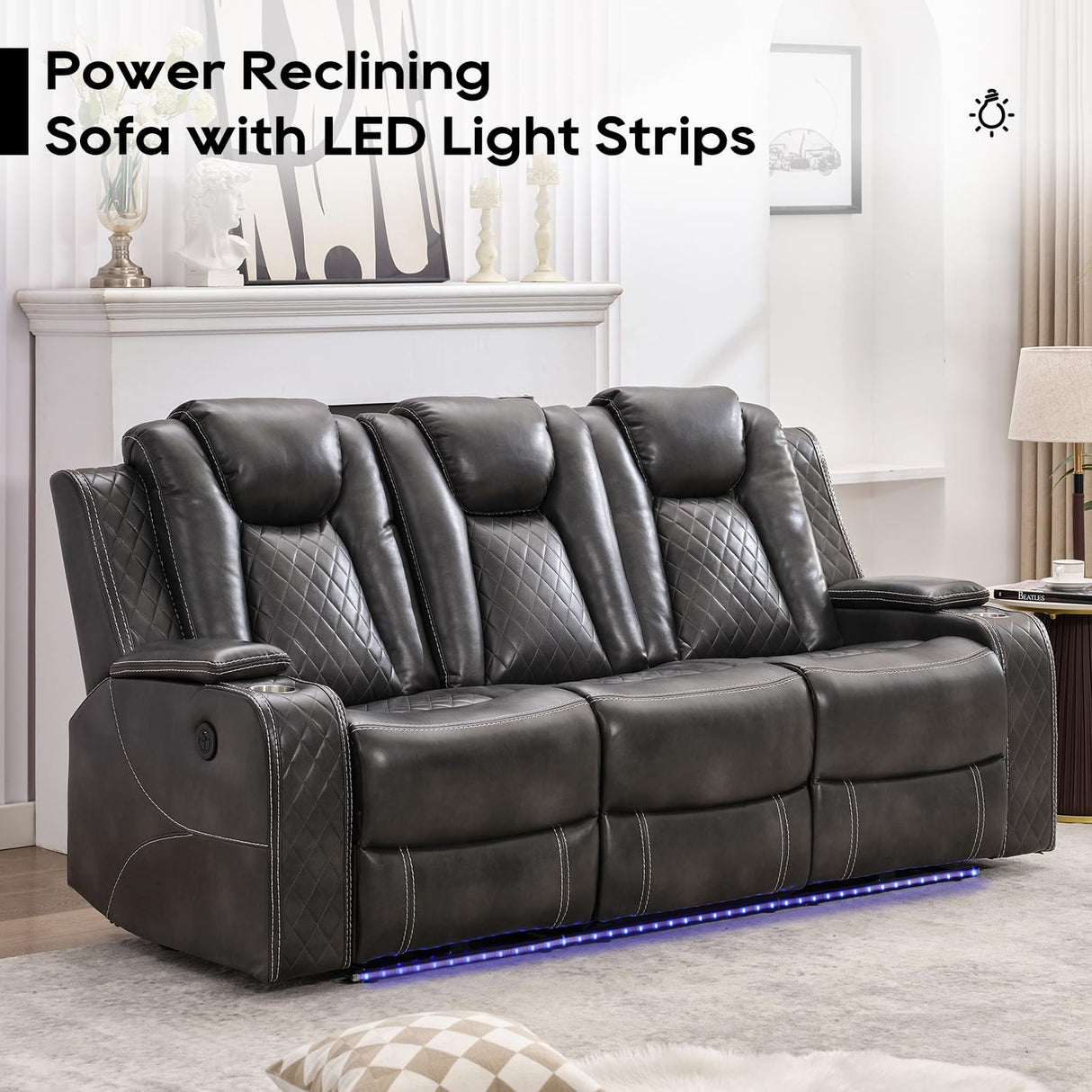 Power Reclining Sofa Couch with Wireless Charger, 3 Seaters with Recliner with Reading Light, Leather Electric 3 Seat Sofa Sectional Set for Living Room, Home Theater Seating with LED Lights, Grey Comfort Stretch