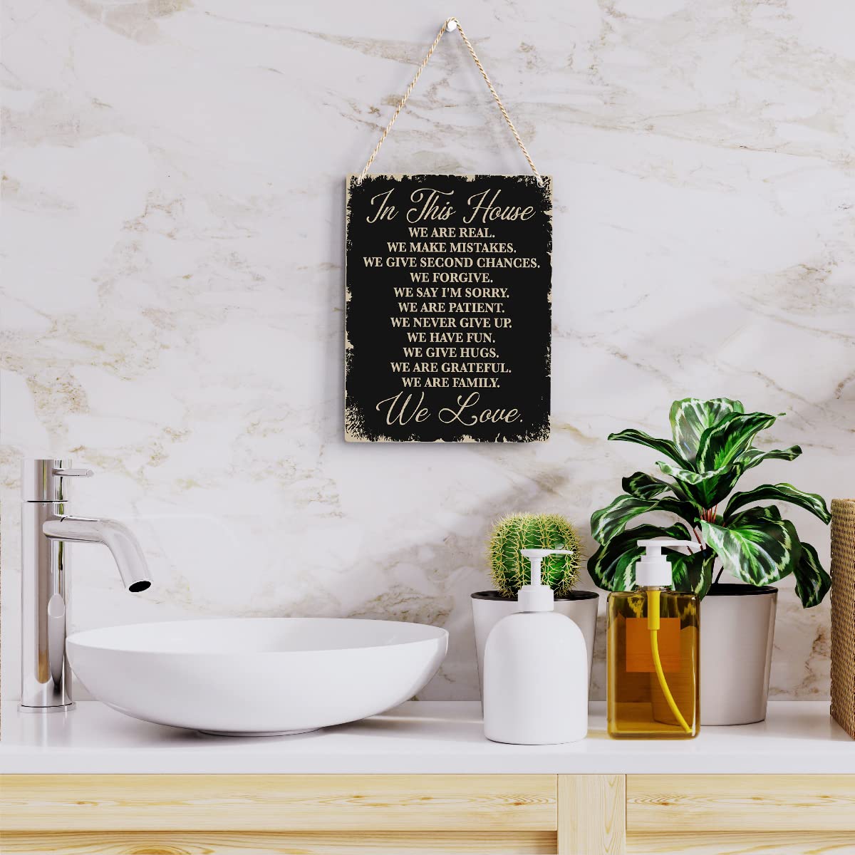 In This House Wooden Hanging Sign, House Rules Signs, Farmhouse Living Room Home Decor Wall Art, Inspirational Family Quote, Scripture Wooden Hanging Sign for Farmhouse Home Wall Art Decoration BELLOWDEER