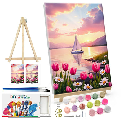 ATDMS Paint by Numbers Kit for Adults Flowers Paint by Number with Frame Sailboat Paint by Number with Easel Sunset Adults Paint by Number Kits Framed Canvas for Gift Home Wall Decor 8x12 Inch