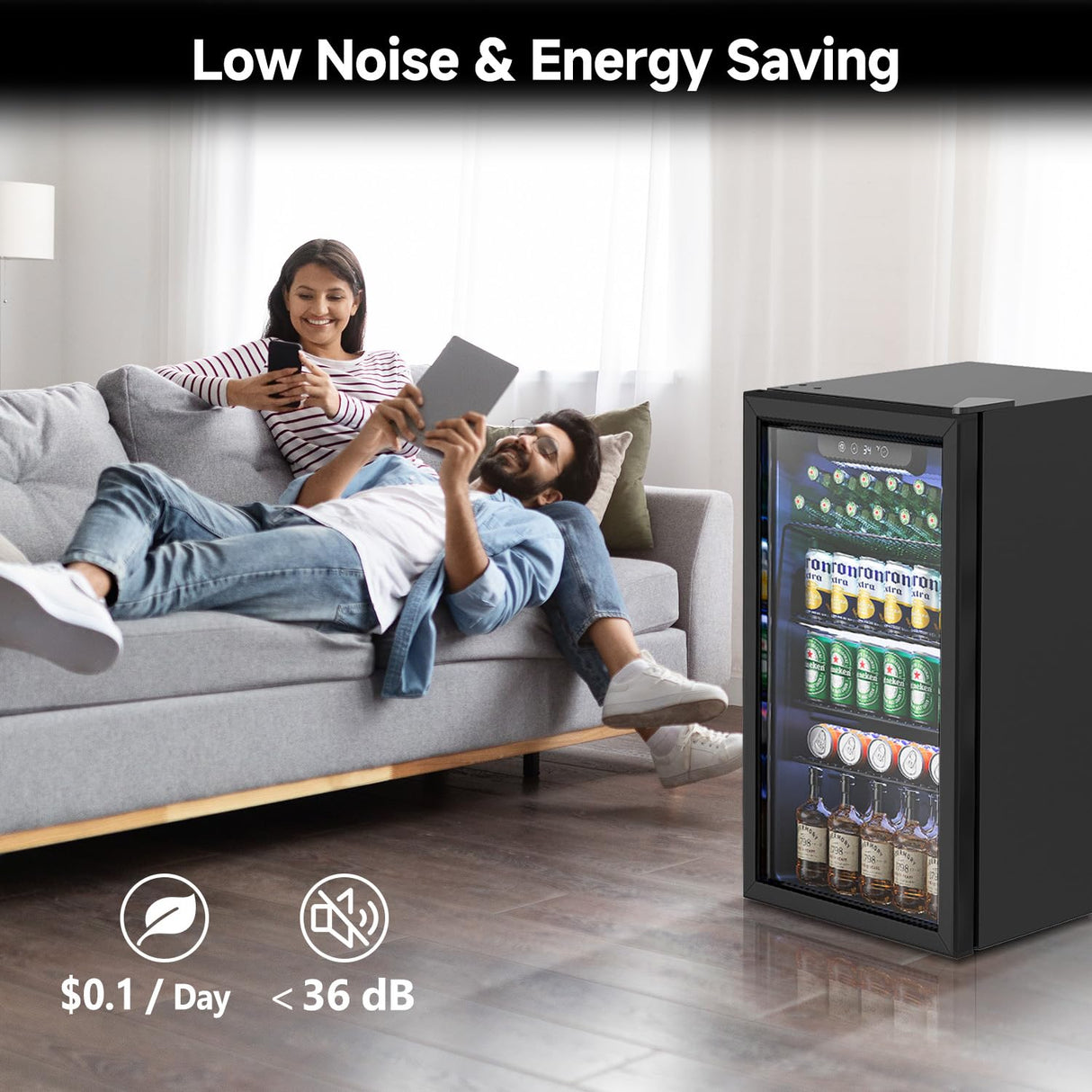 Feelfunn Beverage Refrigerator and Cooler - 126 Can Mini Fridge Glass Door for Soda Beer Wine - Freestanding Beverage Fridge for Bedroom Office Bar, 4 Adjustable Shelves, 3.2 Cu.Ft, Black Feelfunn