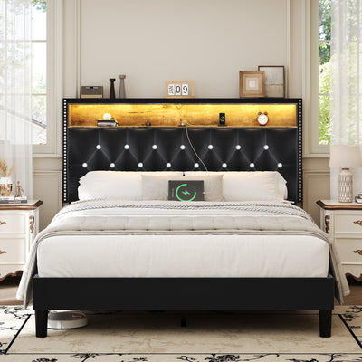 HOMBCK Full Size Bed Frame with LED Lights, Velvet Upholstered Bed Frame Full with Charging Station and Storage Headboard, Modern Diamond and Rivet Design, No Box Spring Needed, Easy Assembly, Black