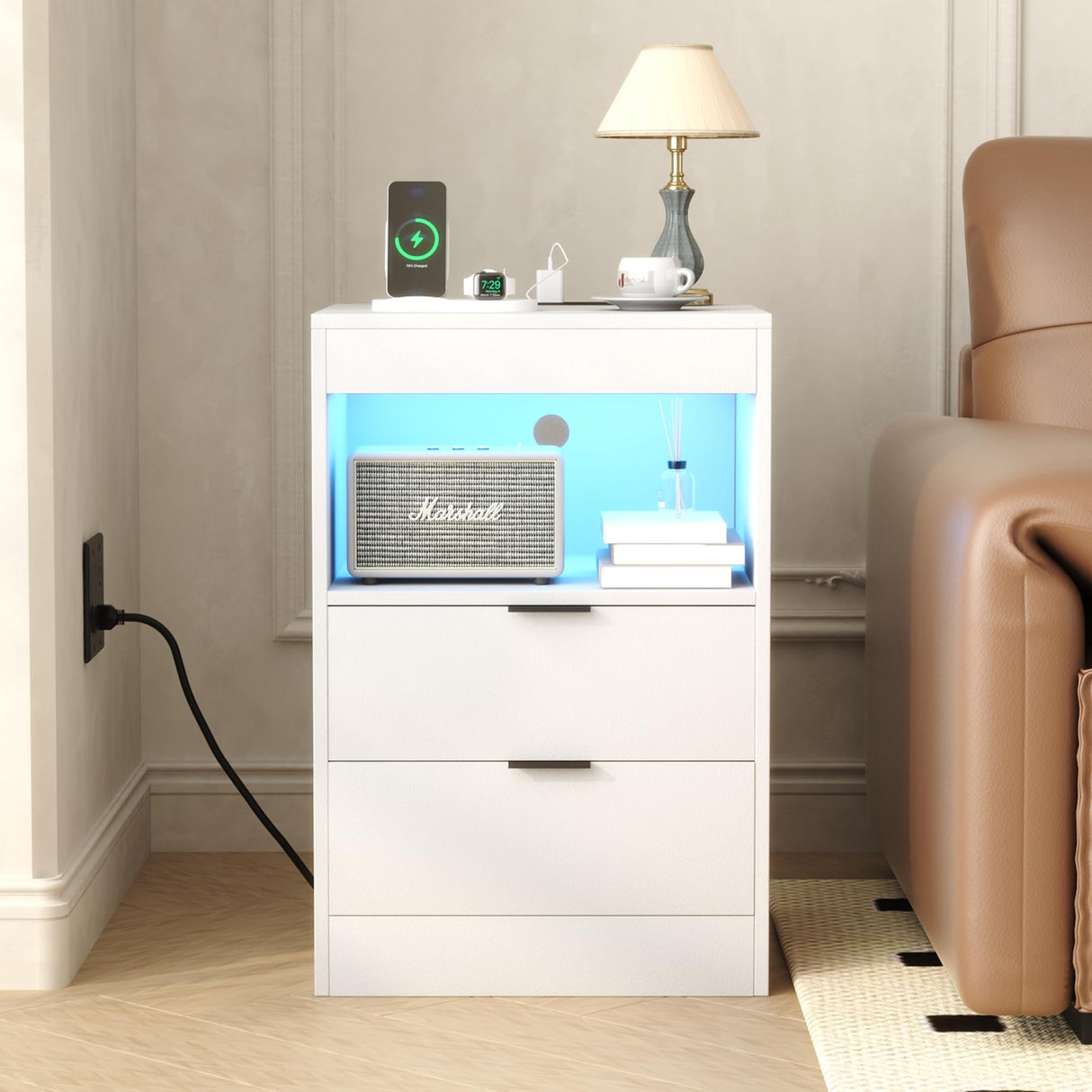 Yusong LED Nightstand Bedside Table with Charging Station 2 Drawers, White Modern Sofa Couch End Side Table with LED Lights and Pull-Out Shelf for Bedroom Living Room, Wooden Yusong