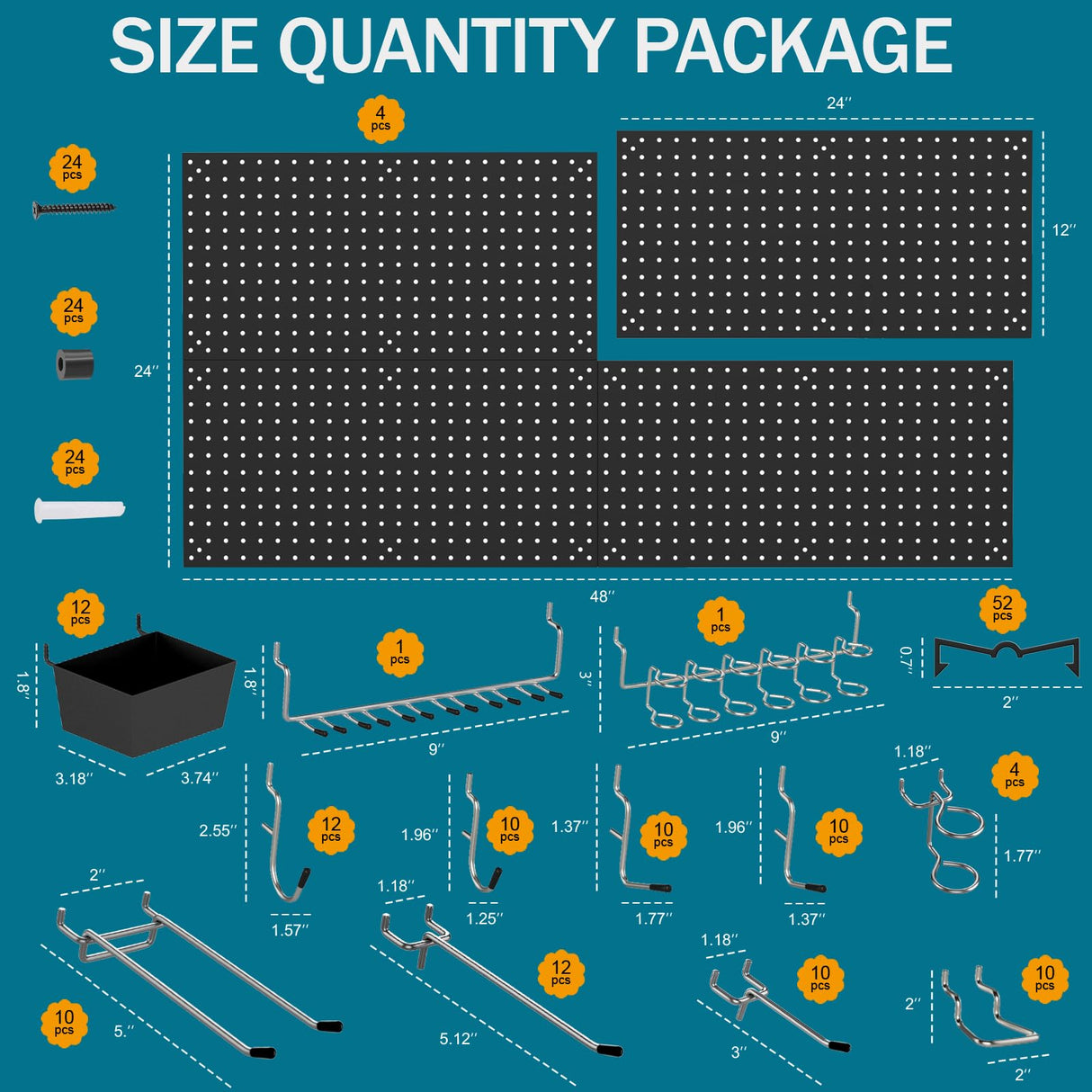 Daanxw 158PCS Metal Pegboard Kit with Hooks for Wall Garage Tools Pegboard Storage System for Garage (Black Box, 4-12X24) Daanxw