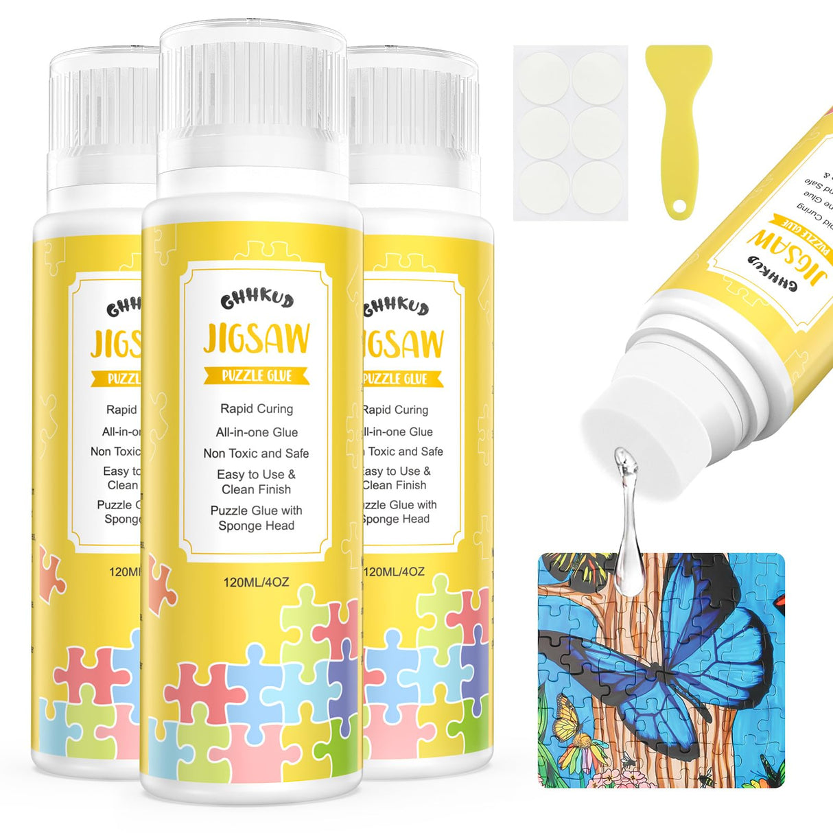 GHHKUD Jigsaw Puzzle Glue, 360ML Jigsaw Glue with Sponge Head, Non-Toxic and Quick Dry Puzzle Sealer for 7000/8000/9000 Pieces of Puzzle Jigsaw Accessories Glue Scrapper Included & Double-Sided Tape GHHKUD