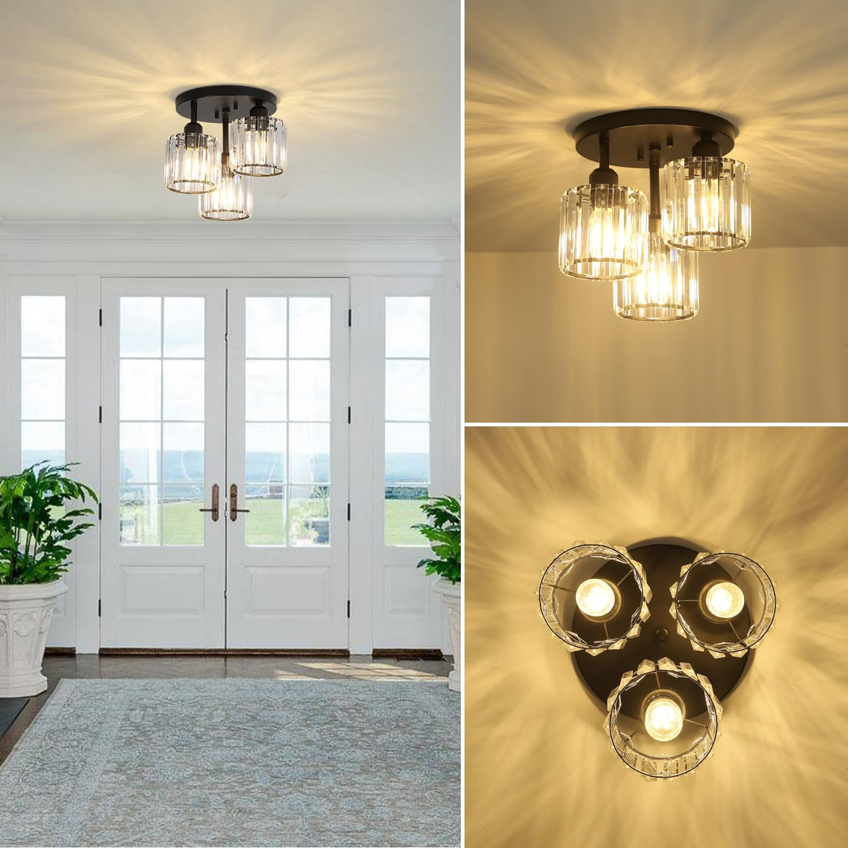 PAUFUL Crystal Semi Flush Mount Ceiling Light,3-Light Modern Close to Ceiling Light Fixtures,Black Kitchen Light Fixtures with Clear Crystal Shade,Hallway Light Fixtures for Hallway Bedroom Bathroom PAUFUL