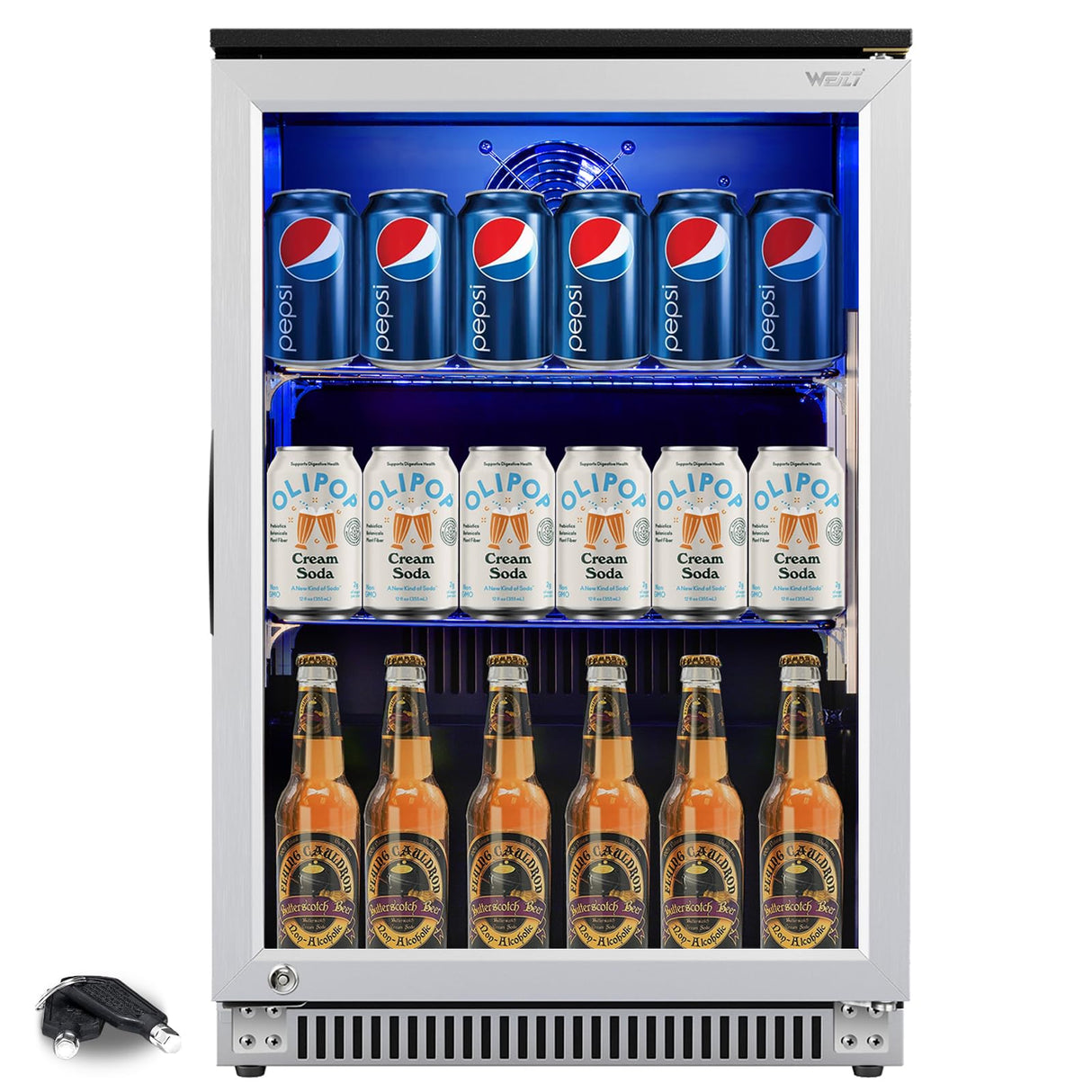 Weili 20 Inch Built in Beverage Refrigerator with Lock, Under Counter or Freestanding 120 Can Soda Beer Drink Cooler Fridge with Stainless Steel and Glass Door Weili