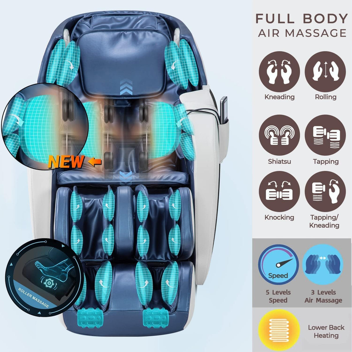 iRest SL Track Massage Chair Recliner, Full Body Massage Chair, Zero Gravity, Bluetooth Speaker, Airbags, Heating, Extendable Footrest and Foot Massage (Blue) iRest