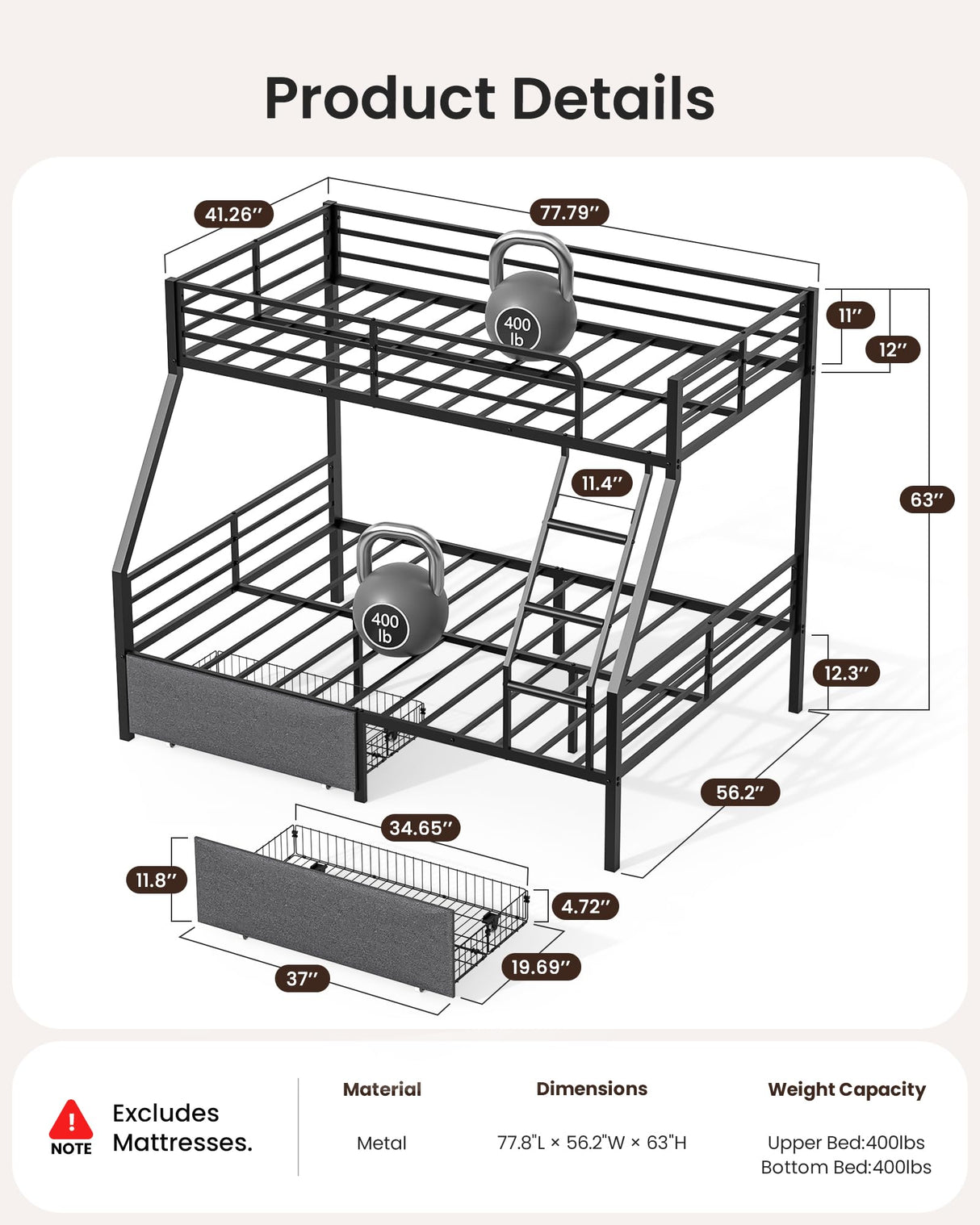 Mixcous Bunk Beds Twin Over Full Size, Heavy Duty Bunk Beds with 2 Storage Drawers, Safety Guardrails & Padded Ladder, Twin Over Full Bunk Bed, No Box Spring Needed, Black Mixcous