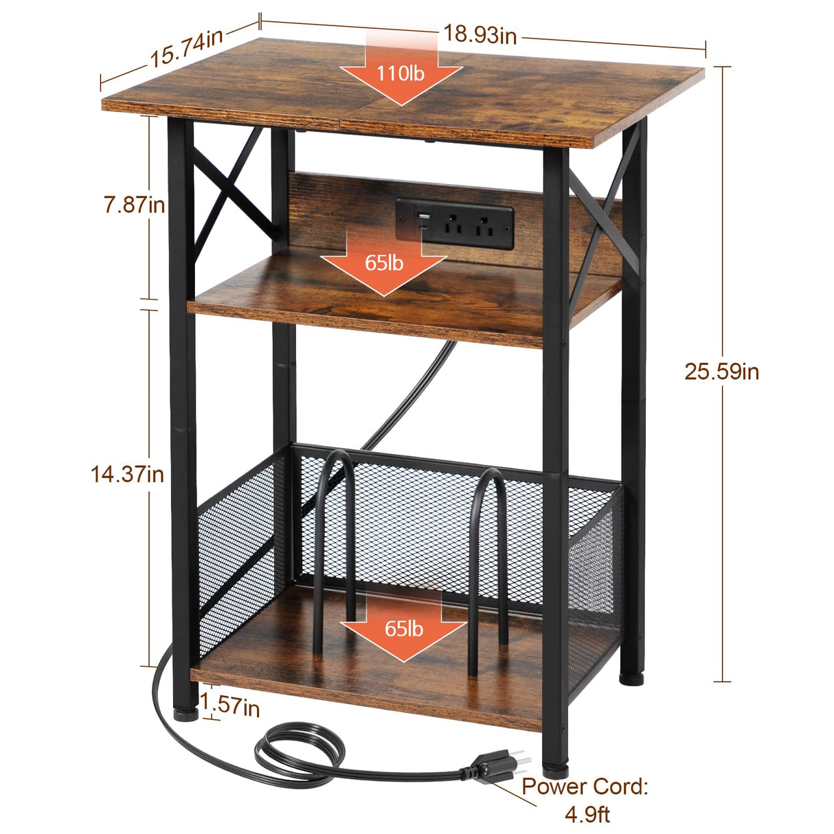 AMHANCIBLE Record Player Stand with Charging Station, Large Turntable Stand with Storage Cabinet, 3 Tier End Table Hold Up to 100 Albums, Record Stand for Vinyl, Living Room, Brown, HETCD012BR-1 AMHANCIBLE