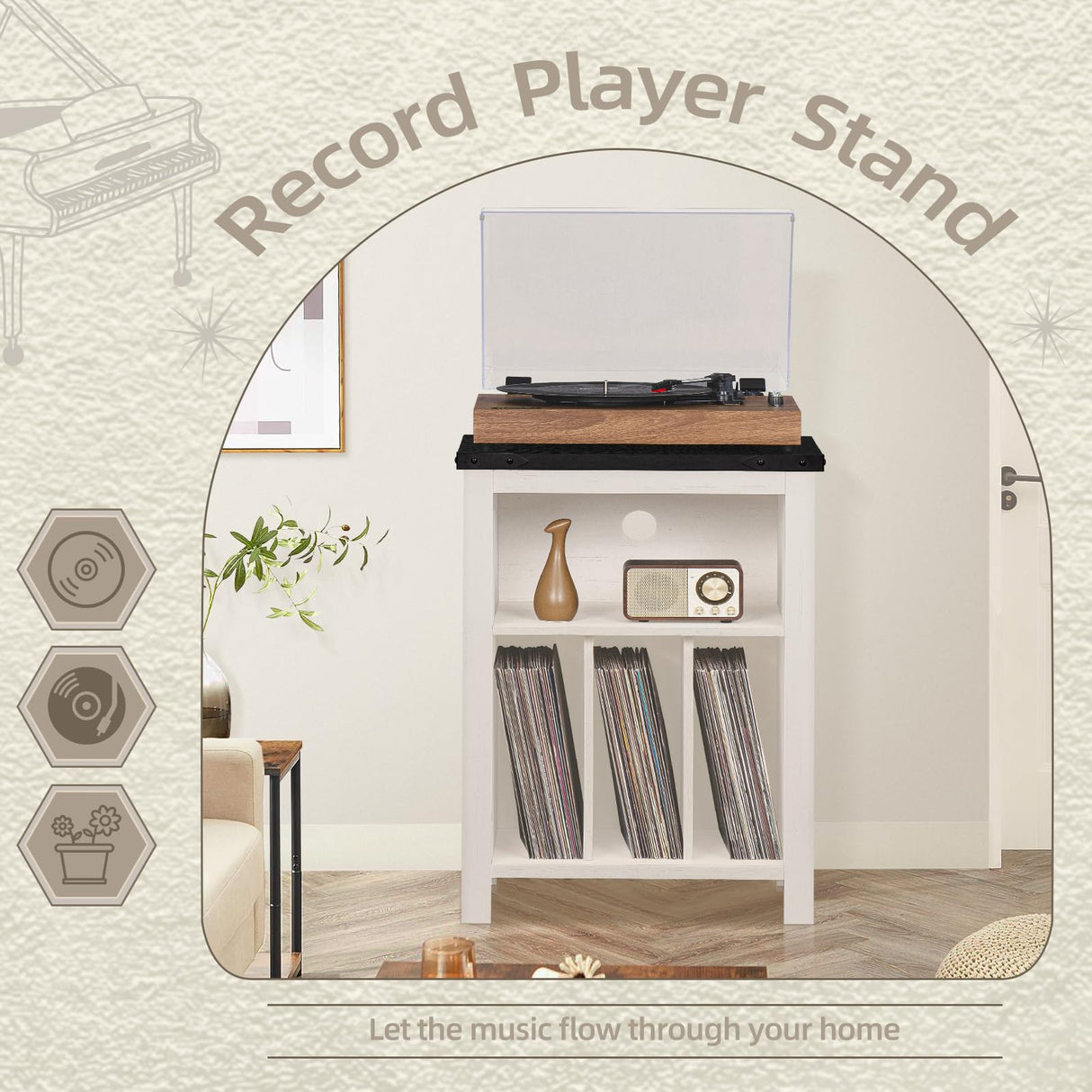 Record Player Stand with Vinyl Record Storage Holds up to 160 Albums,Large Wood Record Player Table Dispaly Shelf,White Turntable Stand Cabinet for Living Room,Bedroom,Office 8 Joaxswe