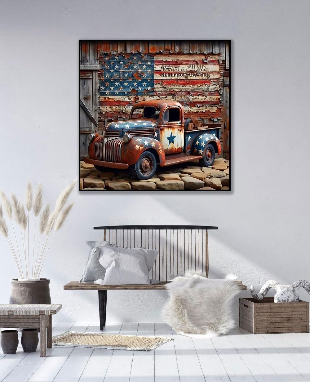 CHWGLFGG 5D Truck Diamond Art Kits for Adults Beginners,DIY Full Round Drill Diamond Painting Kits American Flag, Paint by Diamonds Dot Gem Art Crystal Easy,Home Wall Decor 13.7X 13.7Inch CHWGLFGG