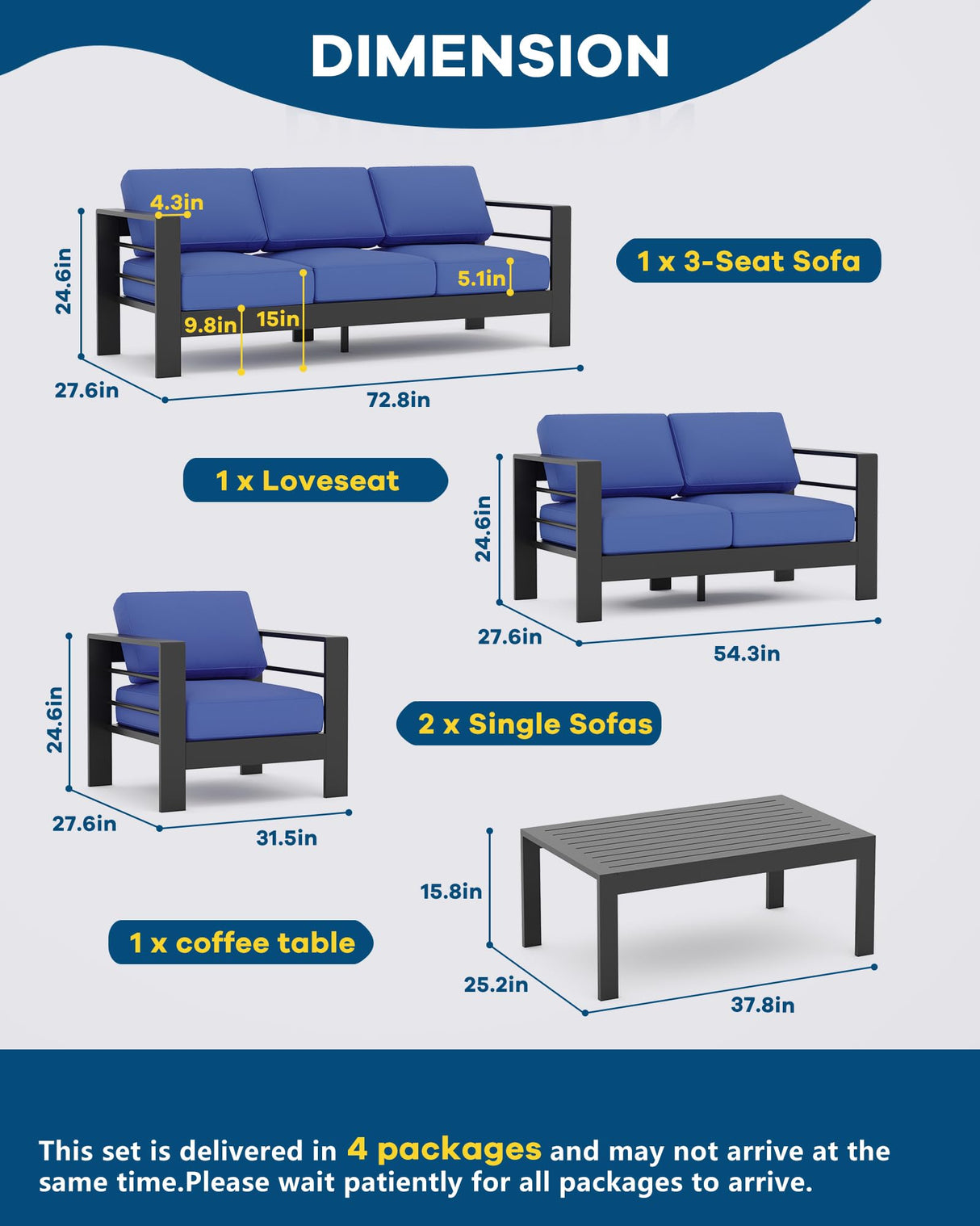 GarveeLife 5-Piece Dark Gray Aluminum Patio Furniture Set, 7-Seat Sectional Sofa with Grey Cushions (2 Singles+1 Loveseat+1 Sofa+1 Table), Outdoor Living Room Set (Blue) GarveeLife