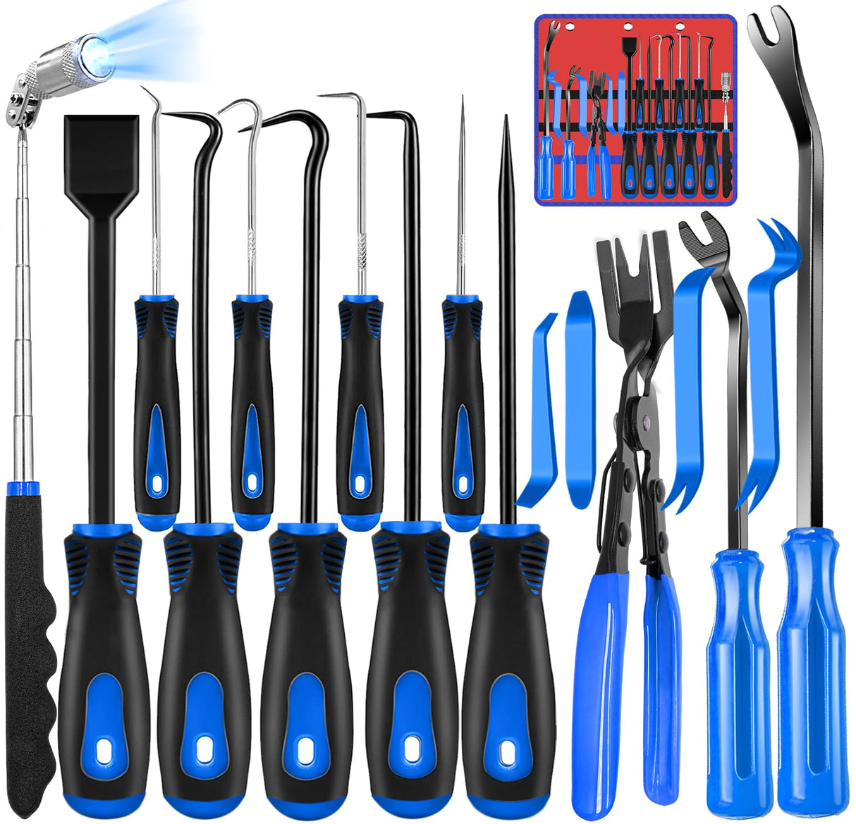 Keze 17 Pcs Hook and Pick Set Auto Trim Removal Tool Kit,Clip Plier Remover Tool Gasket Scraper Telescoping Magnetic Pickup Tool for Automotive Repair and Car Body Door Panel Fastener Removal Keze