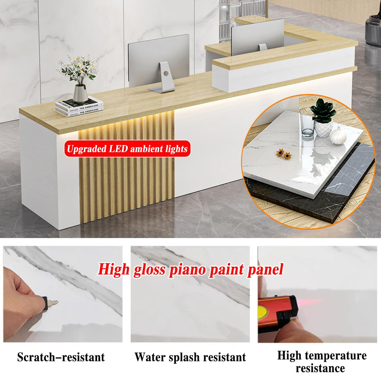 Front Desk Reception Counter,L Shaped Modern Reception Desk Commercial Checkout Counter with Lockable Drawer & LED Lights for Salon Office Lobby Barbershop Store Generic
