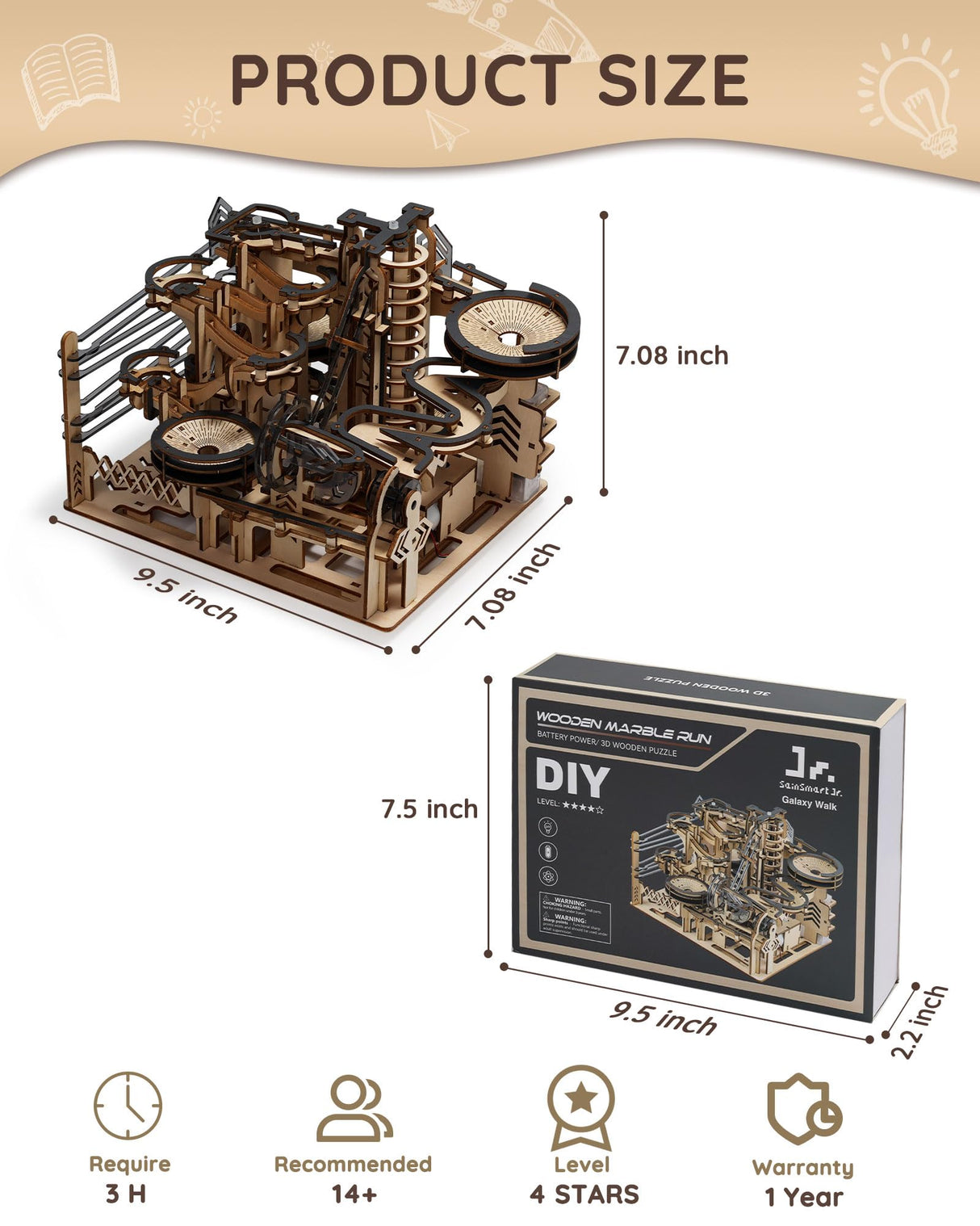 Sainsmart Jr. 3D Wooden Puzzles for Adults, Electric Marble Run Building Kit, Wooden Model Kits Spaceport, Creative Gifts for Teens Ages 14+ (Galaxy Walk) SainSmart Jr.