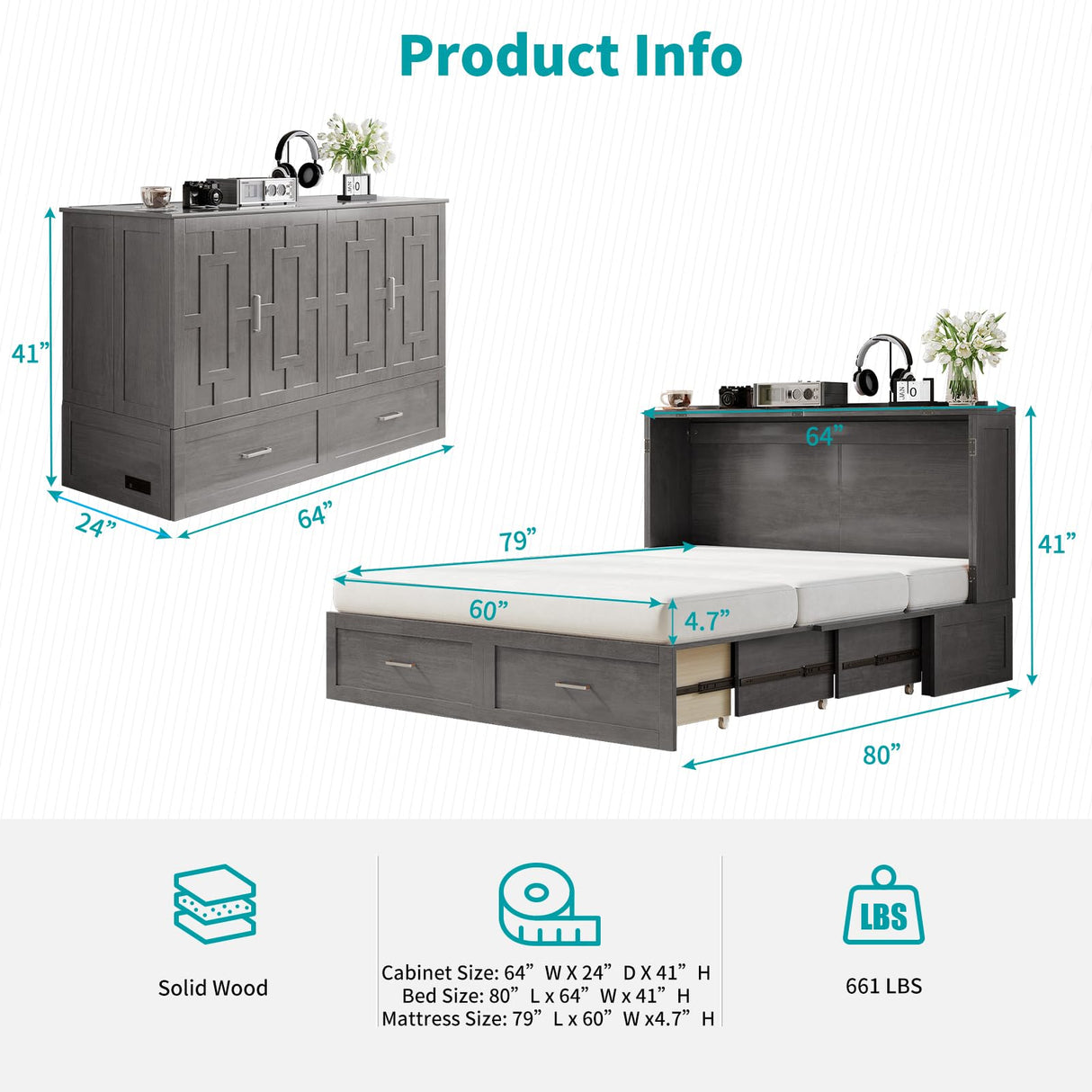 BALUS Murphy Bed Queen Size, Convertible Cabinet Bed with Tri-Fold Mattress and USB Charging Station, Foldable Night Stand Trays, Storage Drawer, Space Saving - Grey BALUS
