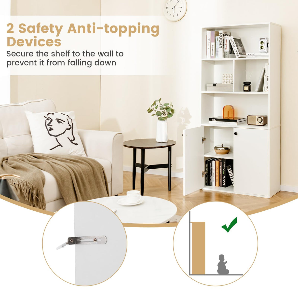 Tangkula 5 Tier Bookcase with 2-Door Cabinet, Tall Freestanding Bookshelf with 4 Open Shelves & 1 Cabinet, Adjustable Shelf, Modern Display Storage Cabinet for Living Room Study (White, 61" H) Tangkula