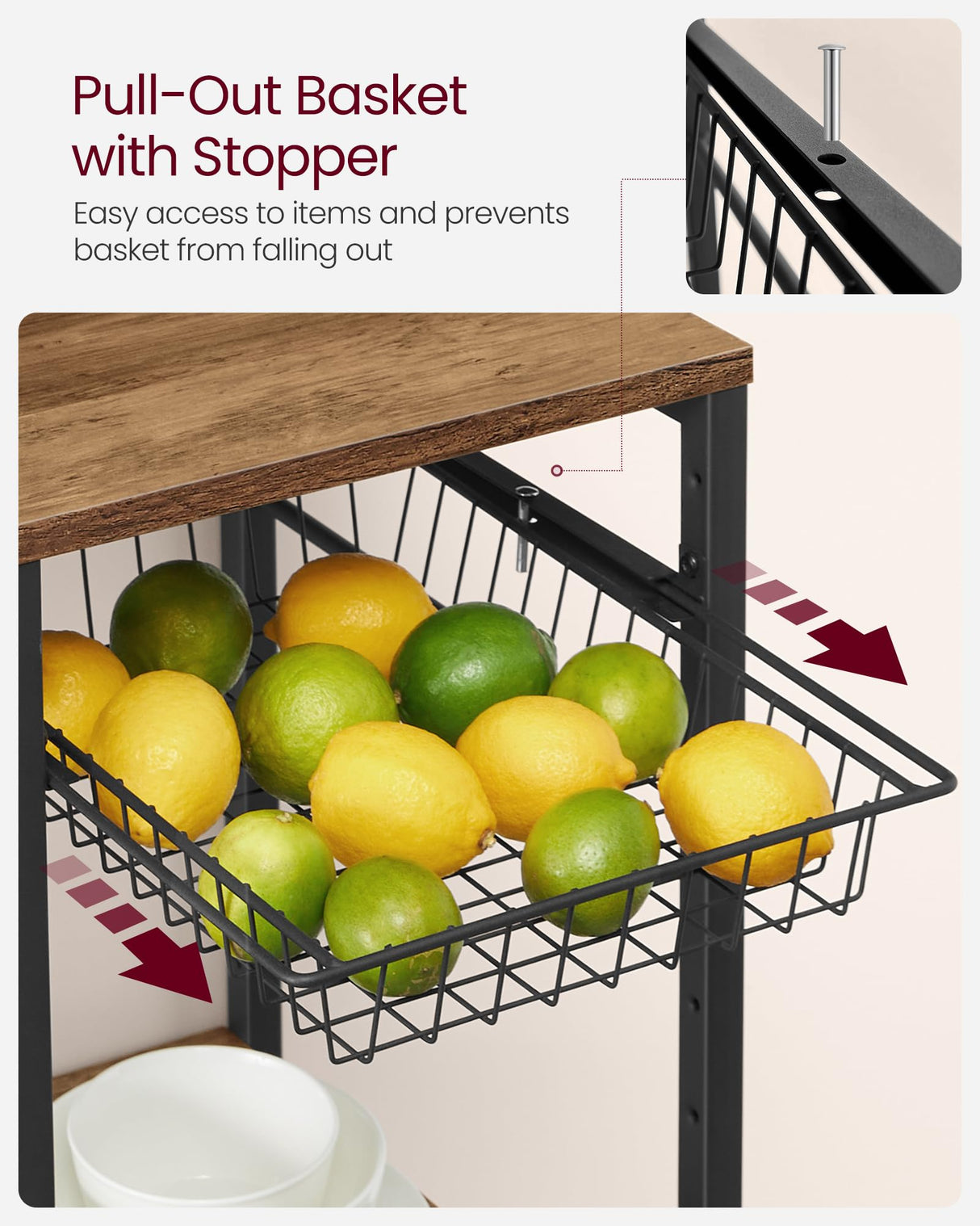 VASAGLE Rustic Walnut Baker's Rack with Integrated Charging Station and Storage Solutions VASAGLE