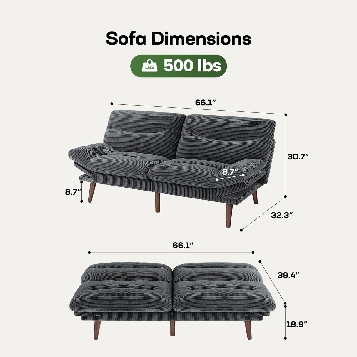 Marsail Futon Sofa Bed, Futon Couch with Adjustable Backrest & Armrests, Convertible Small Sleeper Sofa Bed for Small Apartments, Study Room, Office, Corduroy Loveseat, Dark Grey Marsail