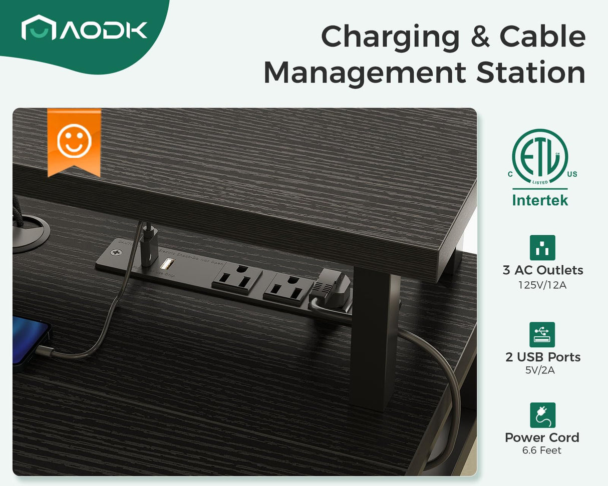 AODK Electric Standing Desk with Drawers & Keyboard Tray, 55 Inch Height Adjustable Desk with Power Outlets & LED Lights, Sit Stand Table with Monitor Stand for Home, Office, Black AODK
