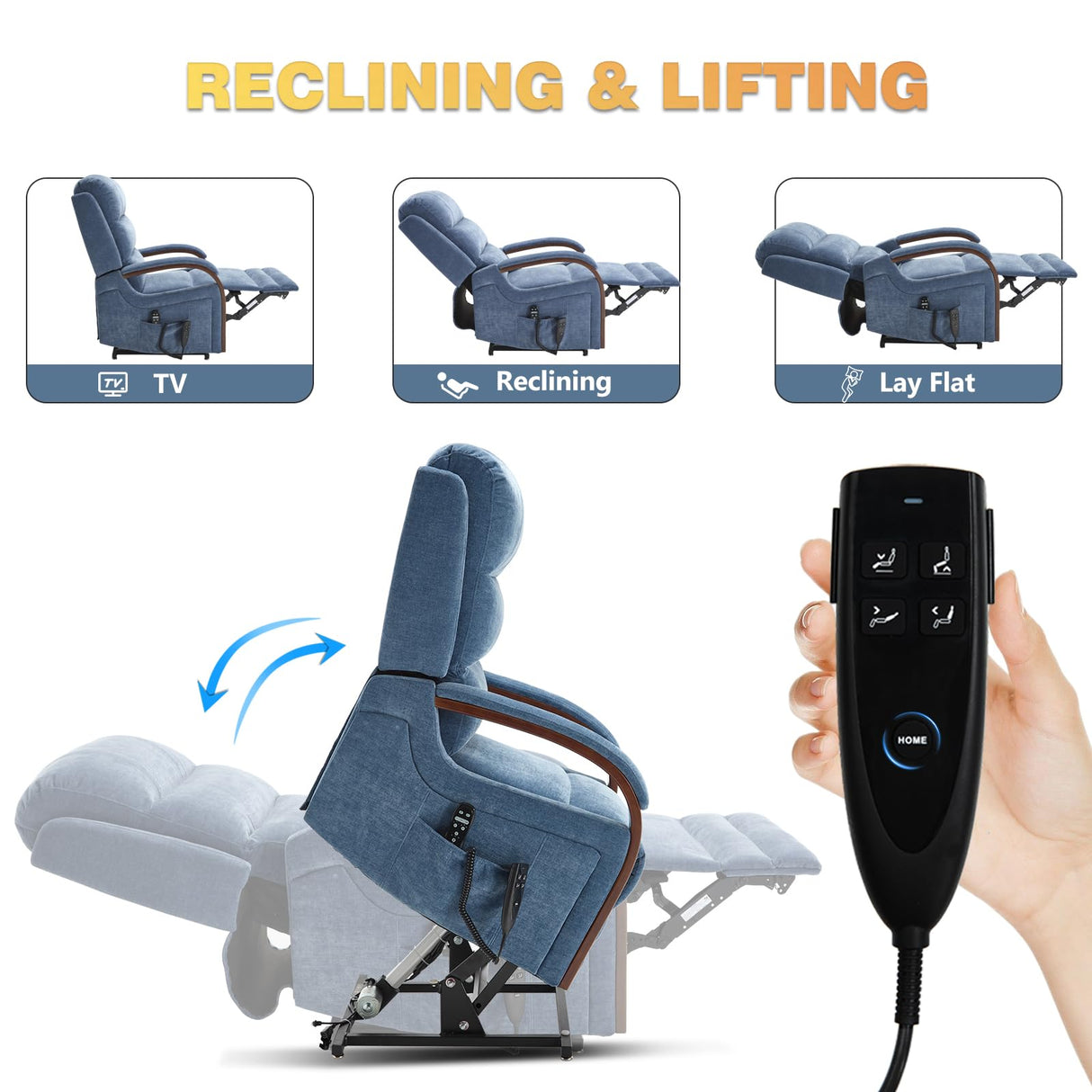 Trustyue Dual Motor Power Lift Recliner Chair, Lift Chair with Massage and Heat for Elderly, Lay Flat Recliner, Standing Assistance, Infinite Position Reclining, Living Room Chair, Chenille, Blue Trustyue