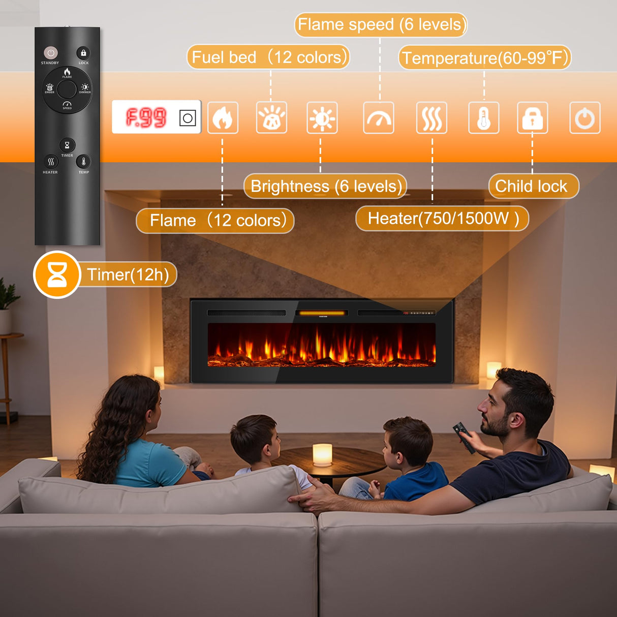 Tehanld 50 Inch Electric Fireplace in-Wall Recessed and Wall Mounted, Ultra-Thin Linear Fireplace Heater 750/1500W with Realistic Flame, Higher Temperatures & Lower Noise, Log Set & Crystal Options Tehanld