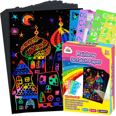 ZMLM Scratch Art Crafts Girls Gifts, 50 Rainbow Scratch Paper Art Gifts for 3 4 5 6 7 8 9 10 Years Old Girls and Boys Kids, Arts and Crafts for Kids 4-6 Birthday Toys and Games Activities Gift (Pink)