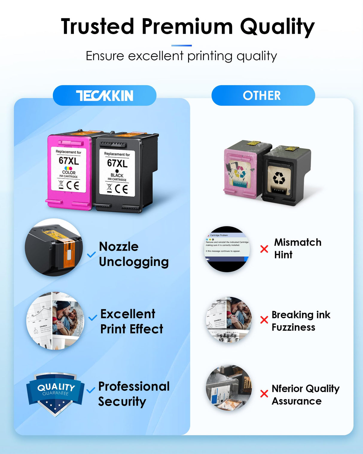 TECKKIN 67XL Ink Cartridge Remanufactured Replacement for HP Ink 67 67XL Works for HP DeskJet 2700 2700e 2755e 2755 4155e 4155 Envy 6055e 6455e 6400 6055 Envy Pro 6452 6458 6475 Printer (Black,Color) TECKKIN