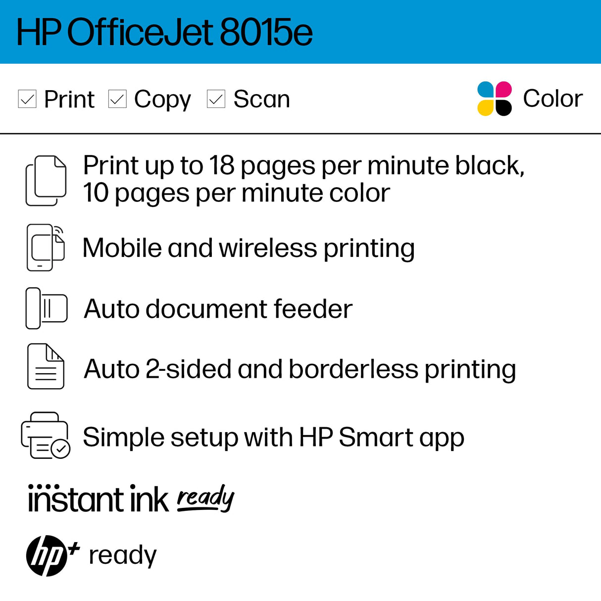 HP OfficeJet 8015e Wireless Color All-in-One Printer, 3 months of Instant Ink included HP