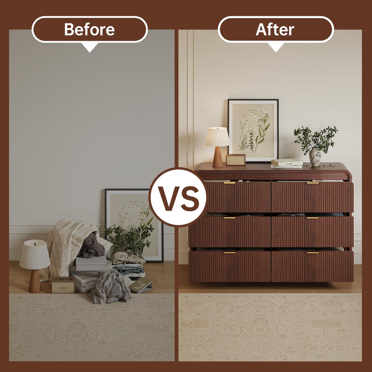 FURSUN Fluted 6 Drawers Dresser for Bedroom, 54" Wide Wooden Dresser with Metal Handle, Curved Profile Design, Modern Storage Organizer for Bedroom, Living Room, Hallway, Walnut FURSUN