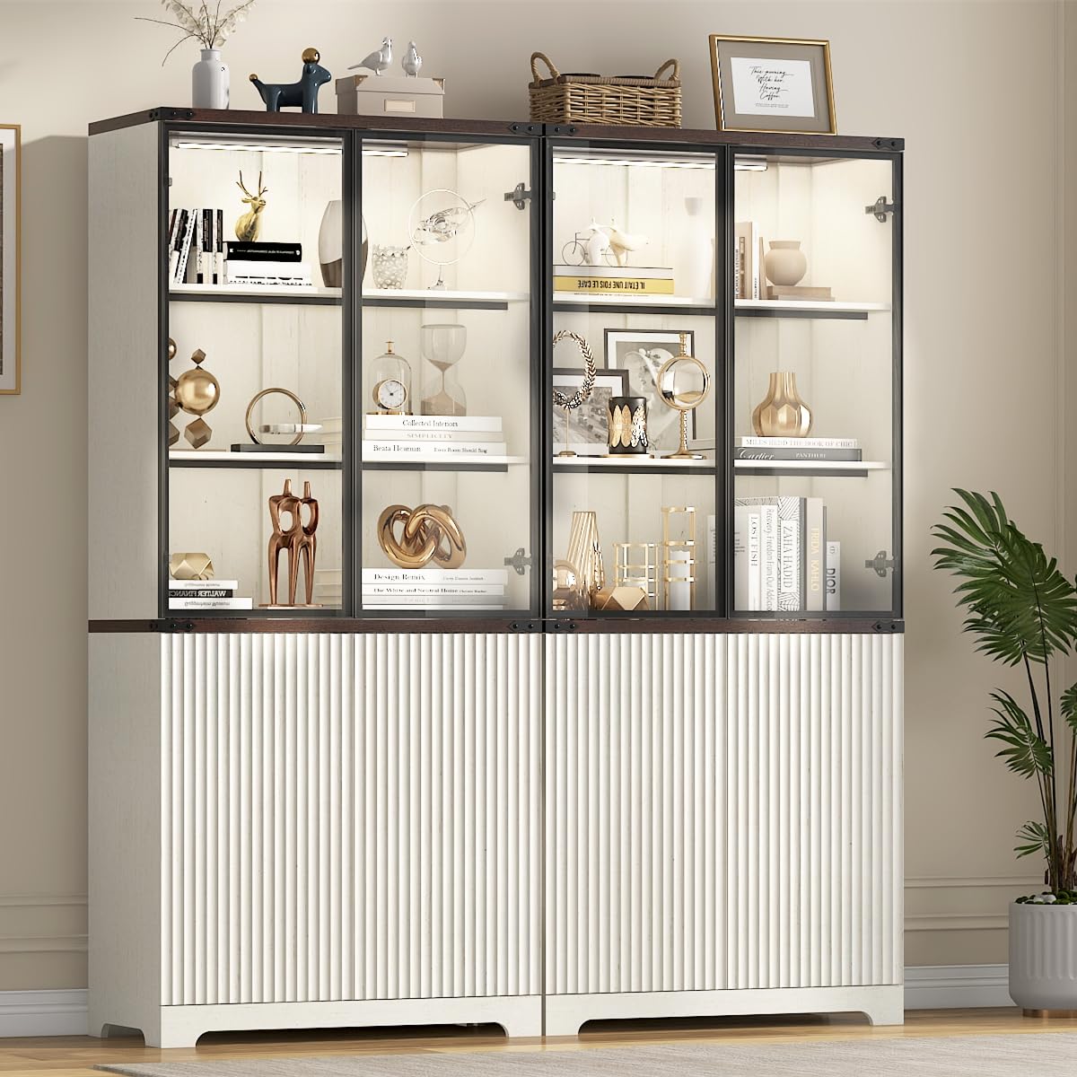 chartustriable 71" Tall Glass Display Cabinet with LED Sensor Light & Pop-up Glass Doors, Modern Fluted Bookcase with Shelves, Curio Storage Cabinet, Living Room, Office, Bedroom, Off White chartustriable