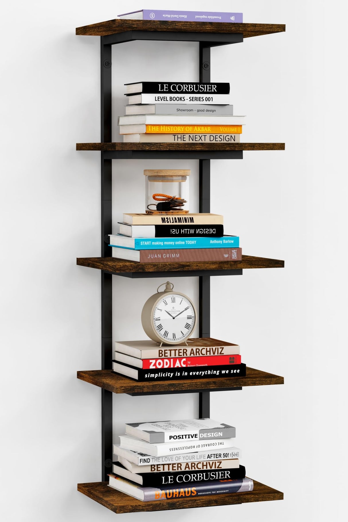 Harwaya 5 Tier Wall Bookshelf Unit for Bedroom Books, Large Floating Book Shelves Wall Mounted, Rustic Wood Lack Tiered Hanging Shelf for Kitchen Office Living Room Corner (Dark Brown) Harwaya